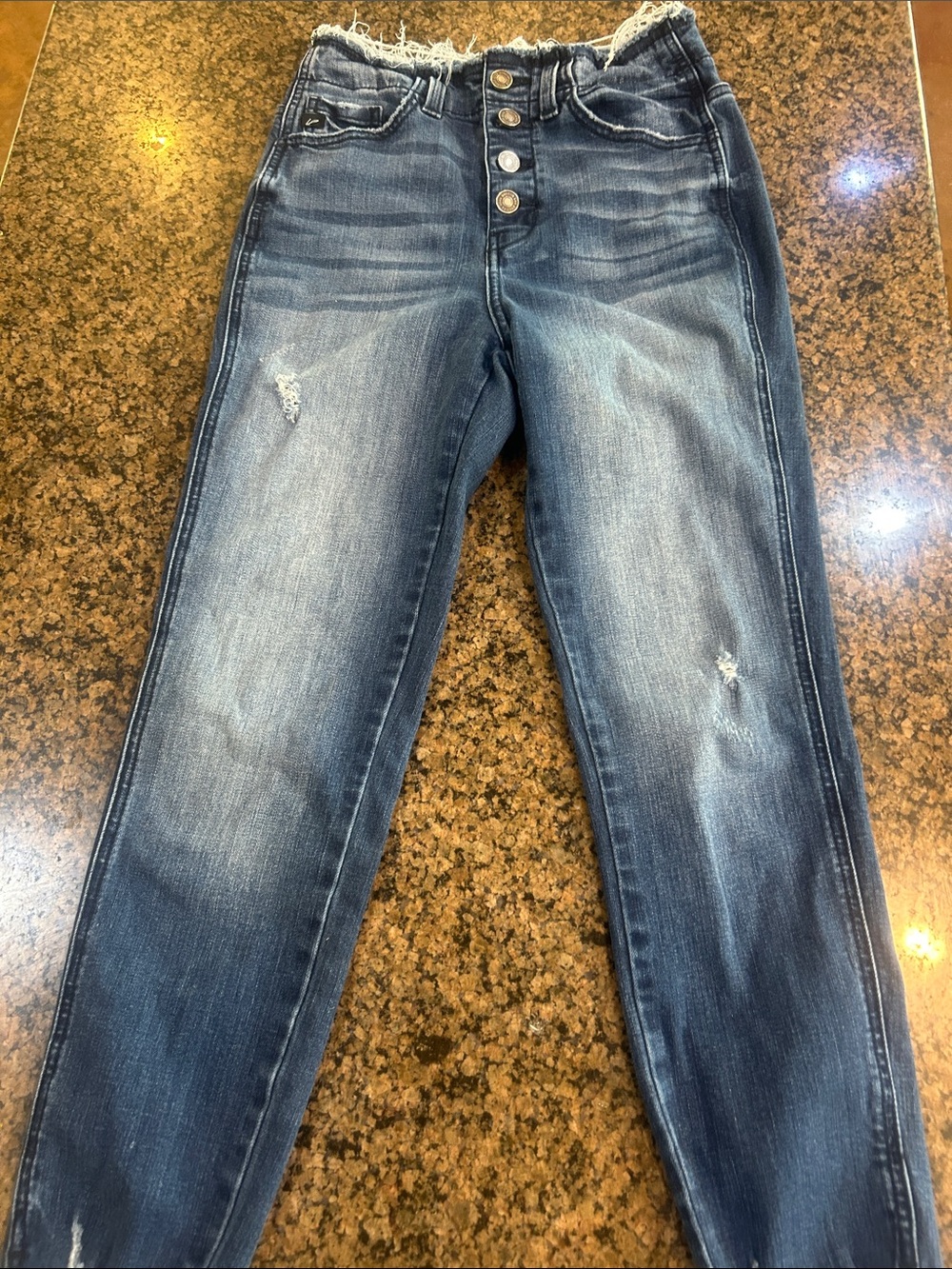 KanCan Womens Mid-Rise Distressed Skinny Jeans in Dark Blue Wash